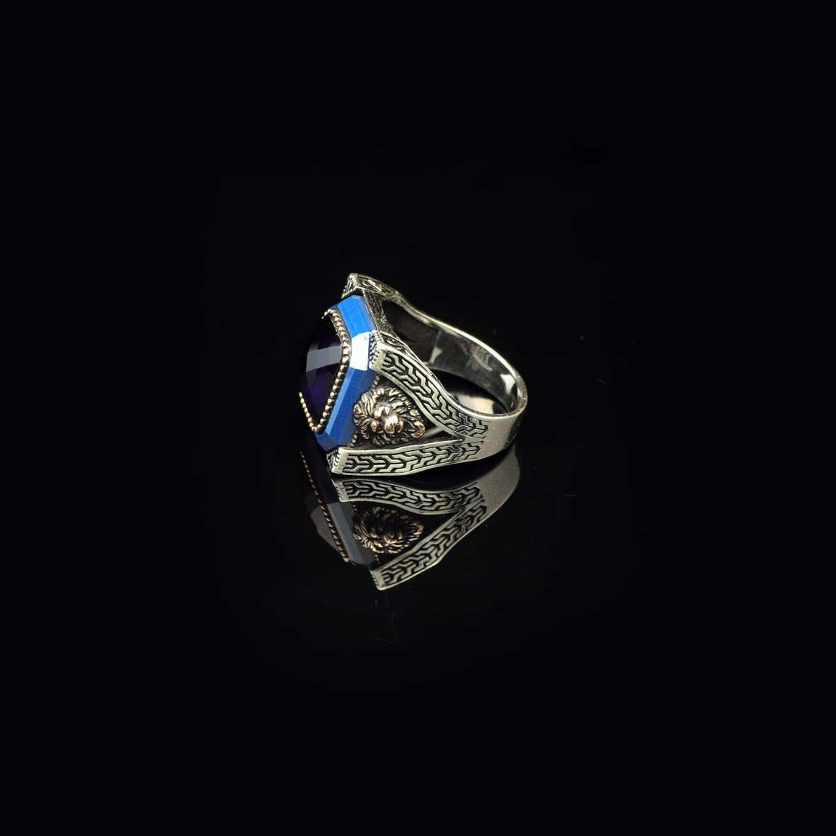 Vintage Blue Tiger Eye Ring with Lion Design - Men's Gemstone Ring in 925 Sterling Silver - Turkish Style Polished Engagement Ring - Handmade with Silver Polishing Cloth Gift