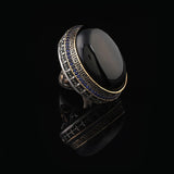 Iris Flower Model Black Onyx Ring - Chunky Silver Ring - Handmade Sterling Silver Engagement Ring for Men - Vintage Ottoman Gemstone Design with Custom Engraving — image 4