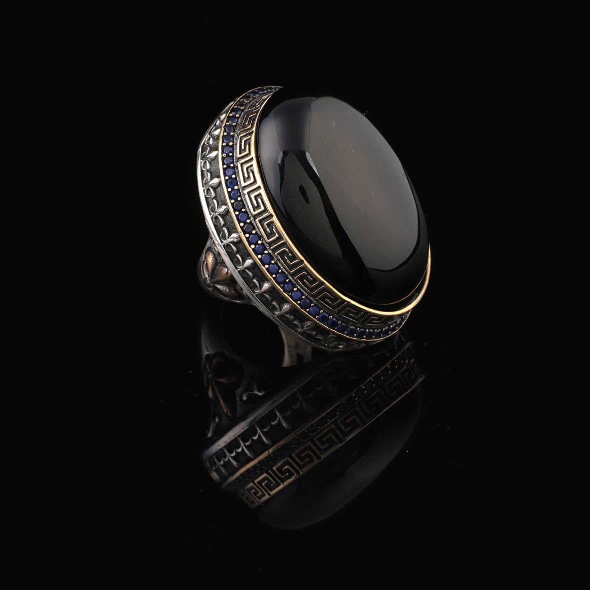 Iris Flower Model Black Onyx Ring - Chunky Silver Ring - Handmade Sterling Silver Engagement Ring for Men - Vintage Ottoman Gemstone Design with Custom Engraving