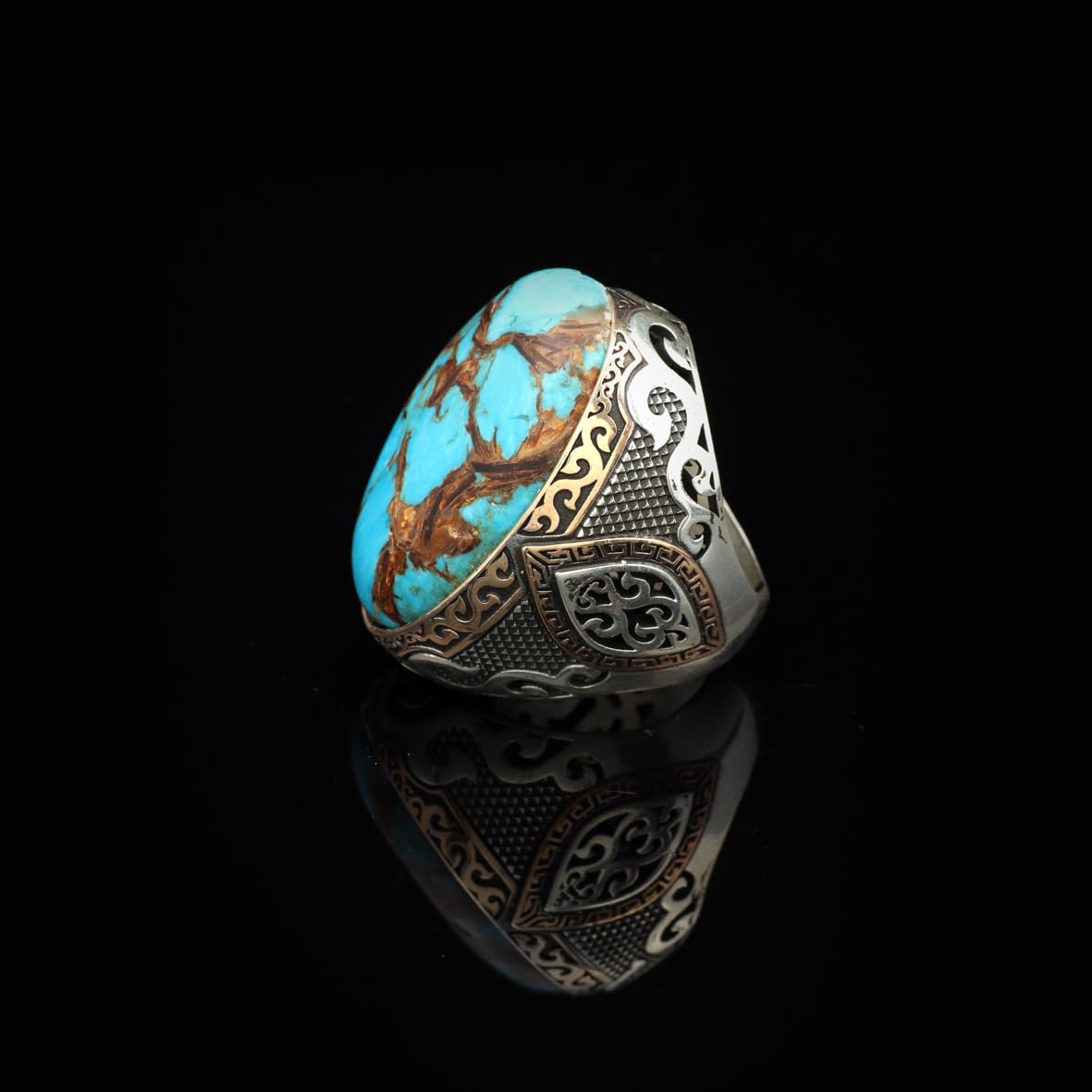 Vintage Genuine Turquoise Men's Ring - Large Oval Stone in 925 Sterling Silver