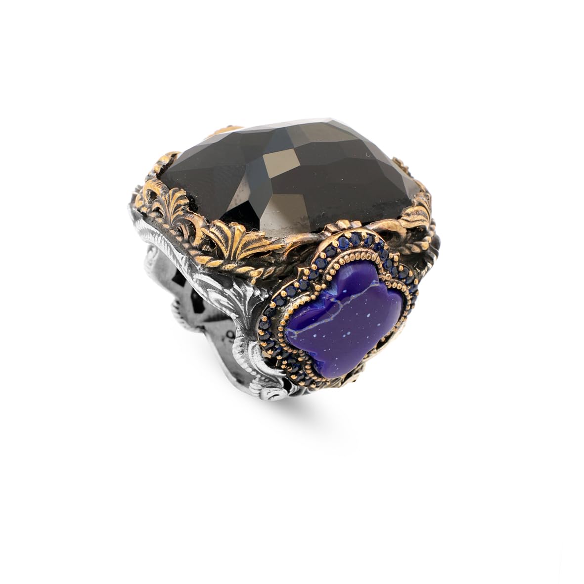 Onyx Lapis Lazuli Large Statement Whiskey Barrel Chunky Silver Ottoman Vintage 925 Sterling Promise Engagement Gemstone Ring Gift for Husband