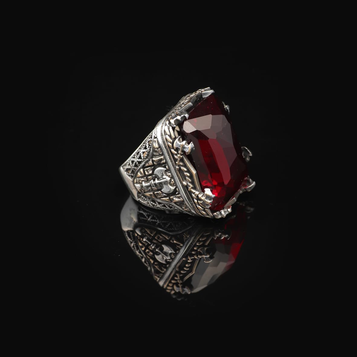 Vintage Large Garnet Ax Ring for Men - 925 Sterling Silver Turkish Handmade Polished Engagement Ring with Silver Polishing Cloth Gift