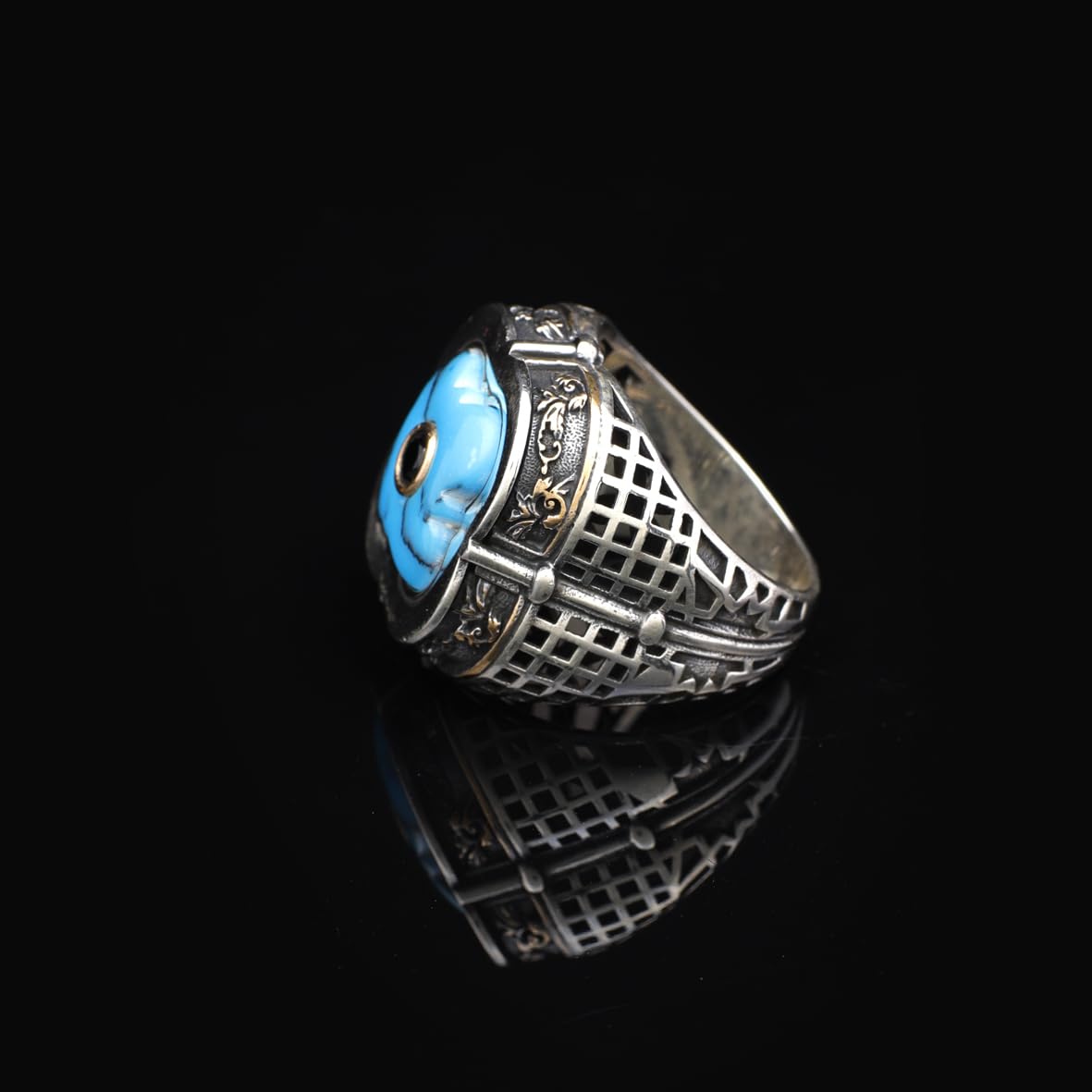 Genuine Turquoise Men's Ring with Micro Onyx Accent - Handmade Vintage Sword Design 925 Sterling Silver Jewelry for Men - Includes Silver Polishing Cloth Gift