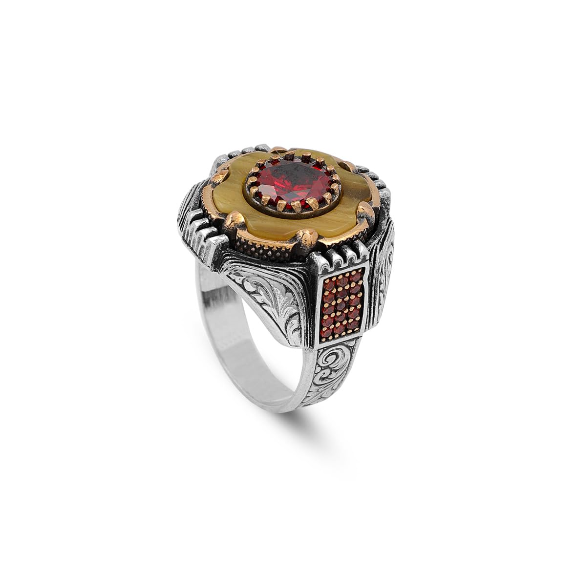 925 Sterling Silver Ottoman Style Squeezed Amber and Ruby Ring - Men's Rotating Ottoman Ring with Squeezed Amber and Ruby - Birthday Gifts