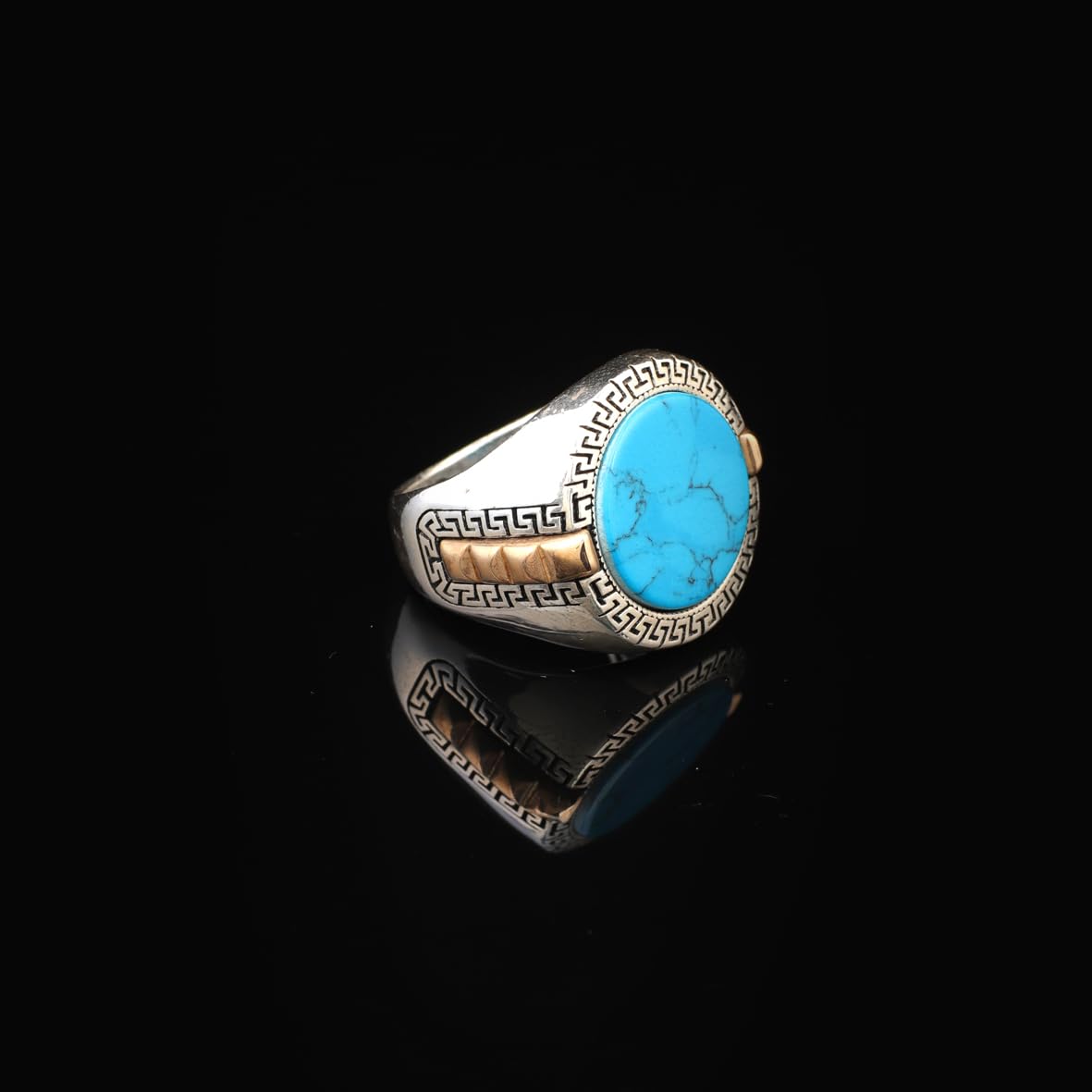 Handmade Turquoise Gemstone Round Stone Engagement Ring for Men Vintage 925 Sterling Silver