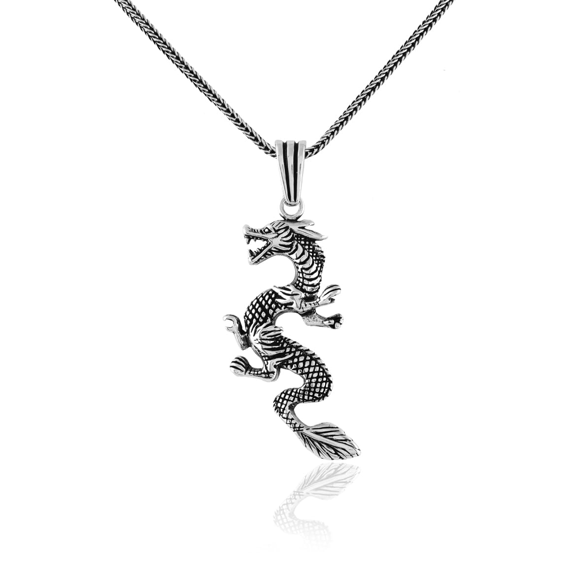 Dragon Necklace – Gothic Polished Sterling Silver Biker Pendant with Silver Chain & Cleaning Cloth Gift - Sterling Silver Dragon Necklace