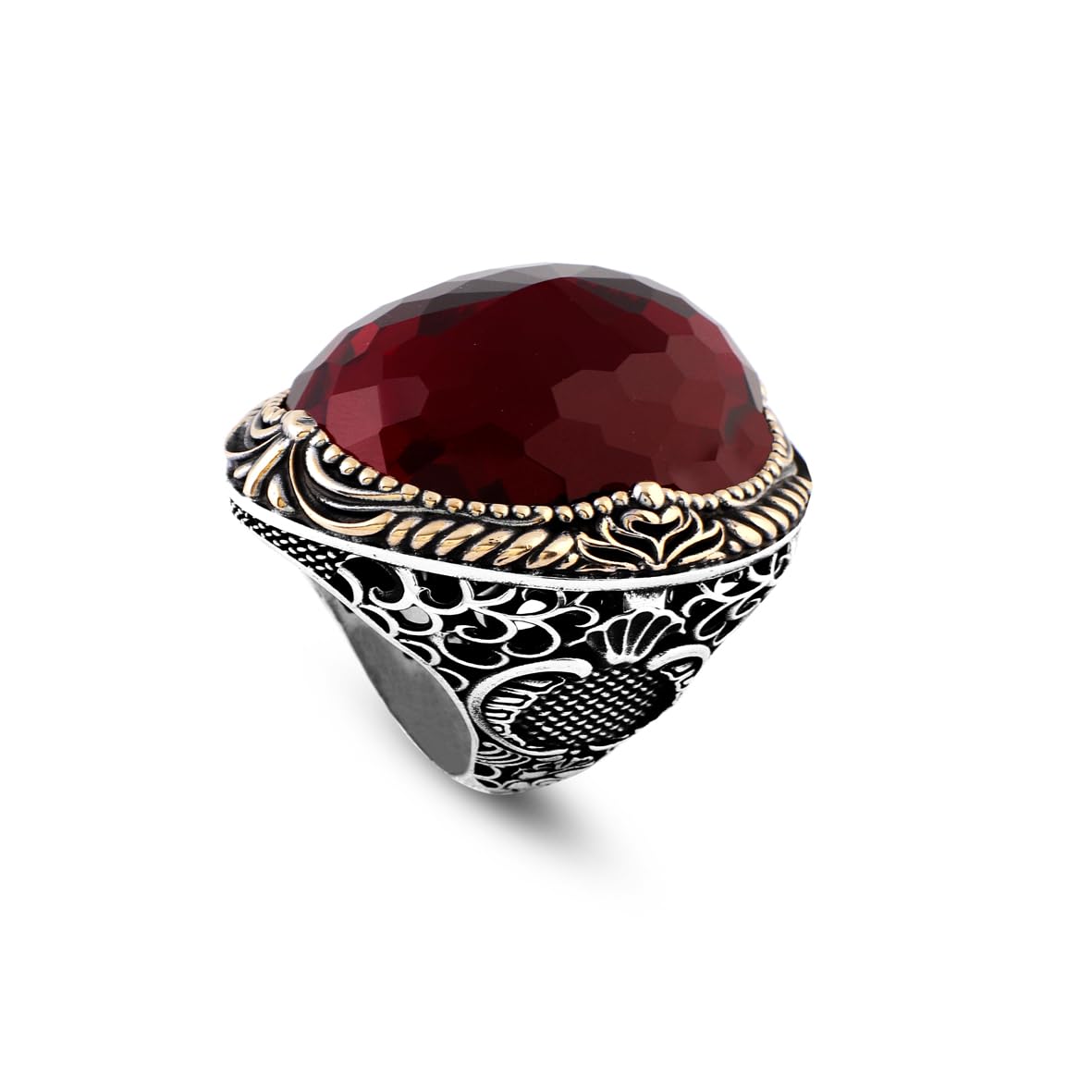 Vintage-Inspired Garnet Ring - Chunky Sterling Silver Ring for Men - Handmade Ottoman Gemstone Engagement Ring - Custom Engraving Included with Gift Silver Polishing Cloth