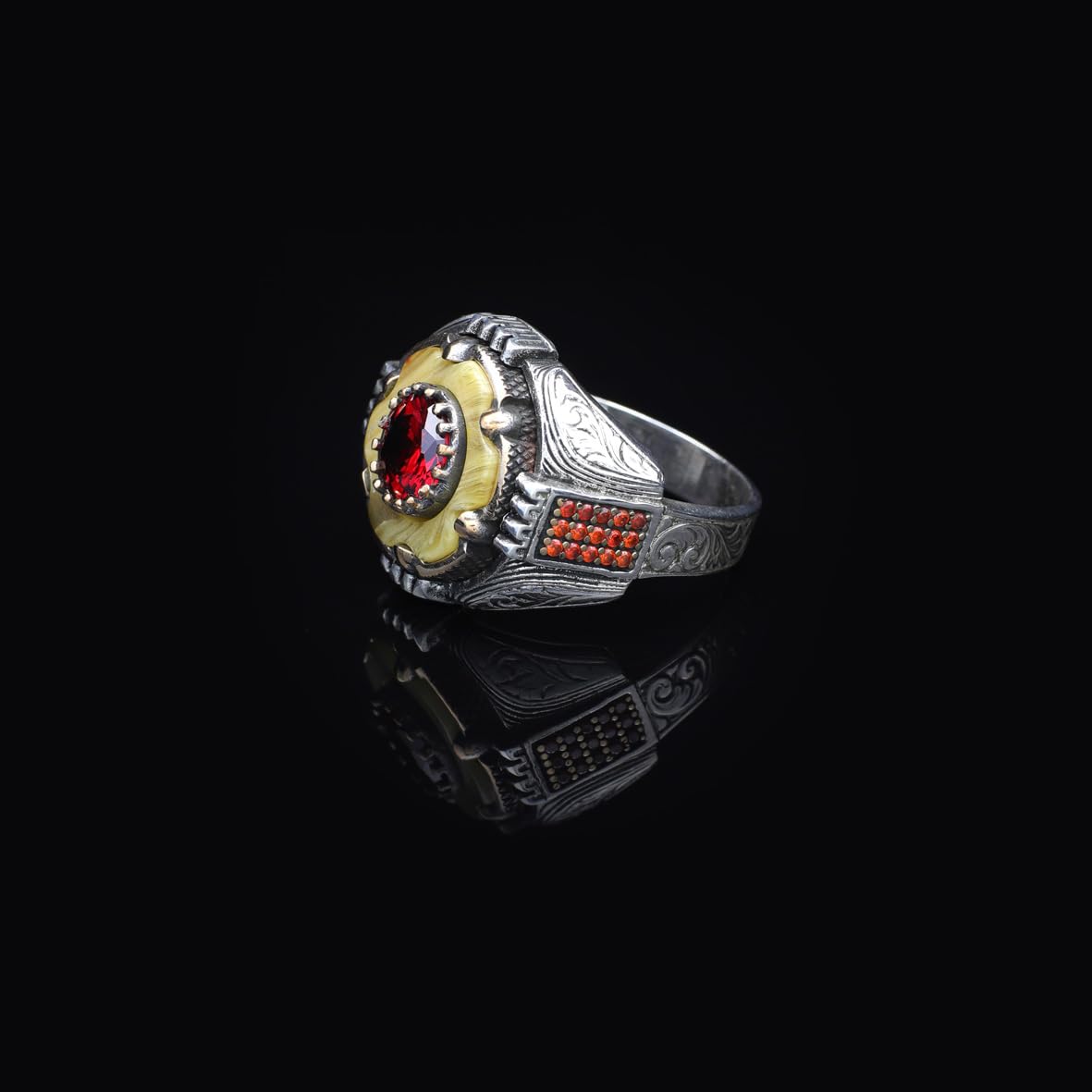 925 Sterling Silver Ottoman Style Squeezed Amber and Ruby Ring - Men's Rotating Ottoman Ring with Squeezed Amber and Ruby - Birthday Gifts