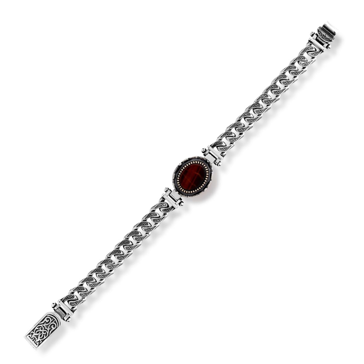 Made to Order Personalized Gothic Vintage Pattern 925 Sterling Silver Chain Bracelet for Men with Oval Tiger Eye Gemstone - Hand-Engraved Handmade Bracelet