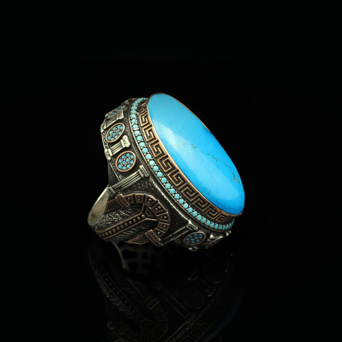 Turquoise Stone with Micro Stone – Large Oval Vintage Men’s Ring in Polished 925 Sterling Silver