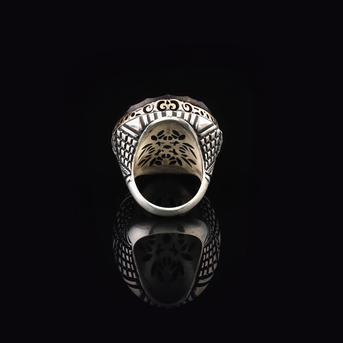 Chunky Herringbone Garnet Ring in Sterling Silver – Ottoman-Style Men's Vintage Gemstone Engagement Ring