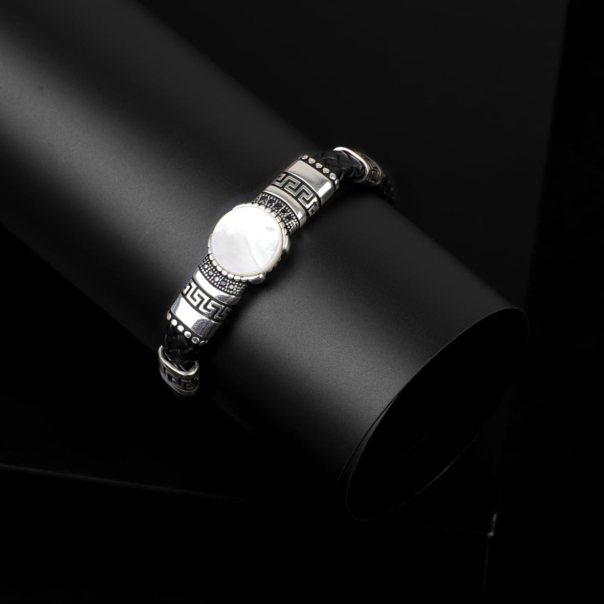 Men's Leather Bracelet with Silver Natural Mother of Pearl Stone – Handmade Vintage Bracelet in Sterling Silver