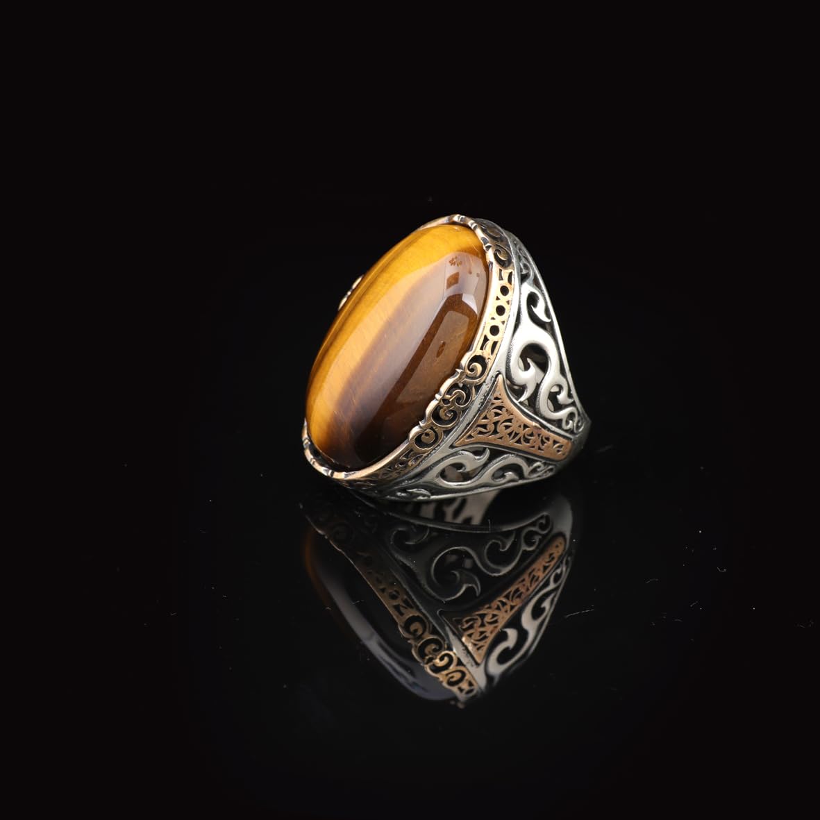 Men's Vintage Tiger Eye Ring - Handmade Oval Gemstone Ottoman Style Large 925 Sterling Silver Ring with Silver Polishing Cloth Gift