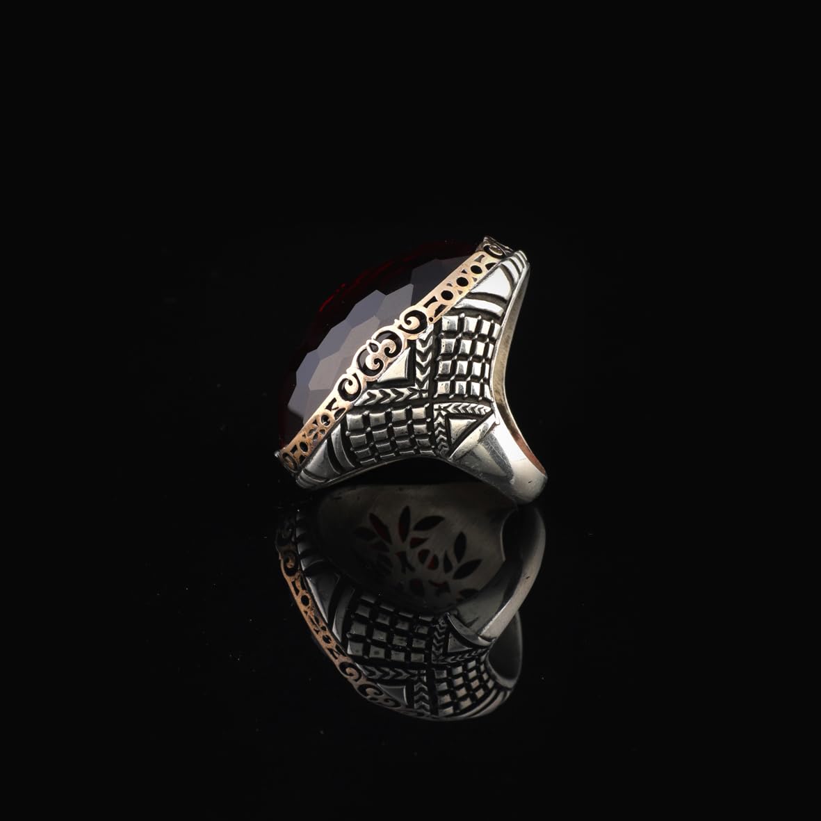 Chunky Herringbone Garnet Ring in Sterling Silver – Ottoman-Style Men's Vintage Gemstone Engagement Ring
