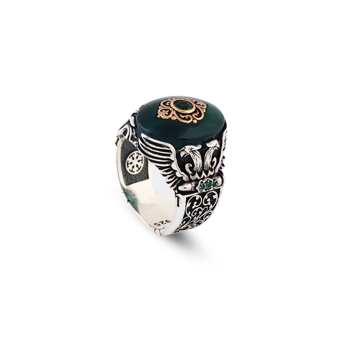 Handmade Jade Eagle Pinky Ring - Vintage Ottoman Style Sterling Silver Engagement Ring for Men with Custom Engraving & Gift Silver Polishing Cloth