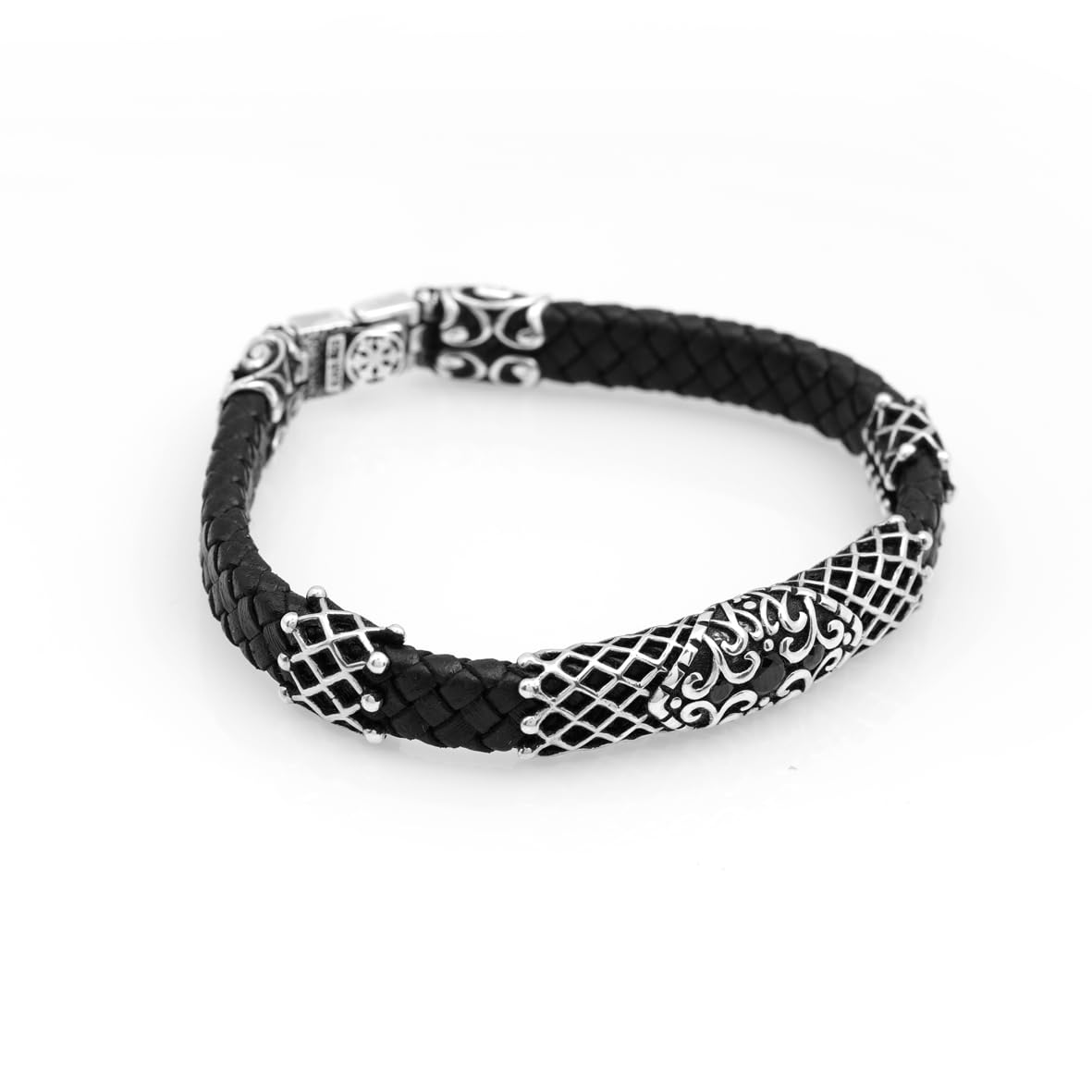 Vintage Men Leather Bracelet with Onyx Stone – Handmade Sterling Silver