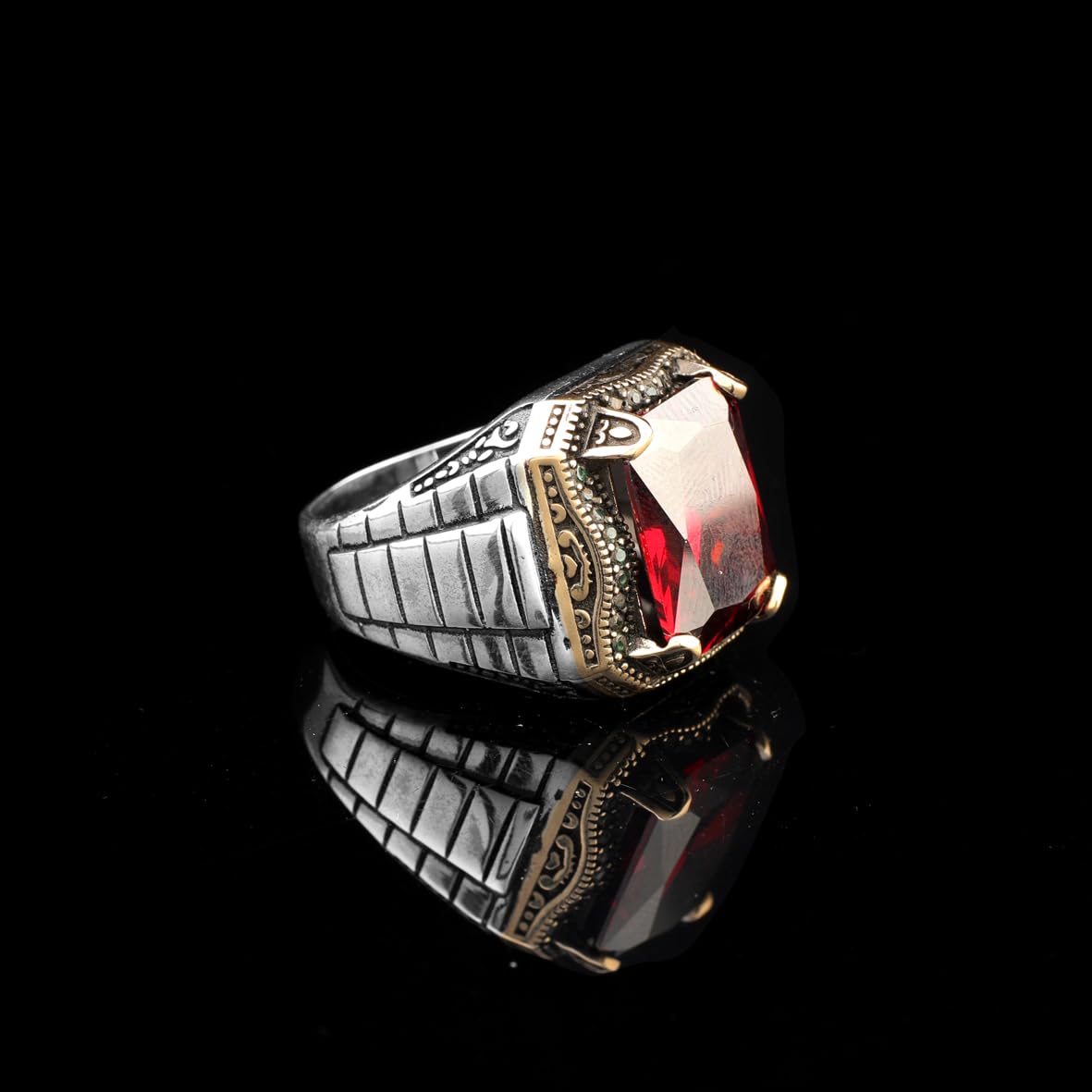 Vintage Garnet Gemstone Watch Band Ring – Ottoman Style Handmade Sterling Silver Ring for Men