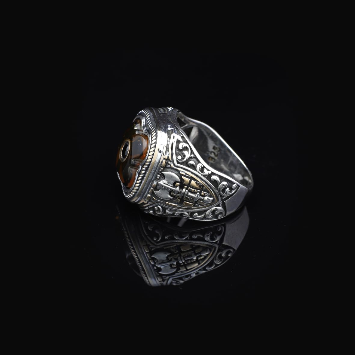 Handmade Vintage Ax Amber Ring with Micro Onyx Stone in 925 Sterling Silver for Men - Unique Gemstone Jewelry - Silver Polishing Cloth Gift