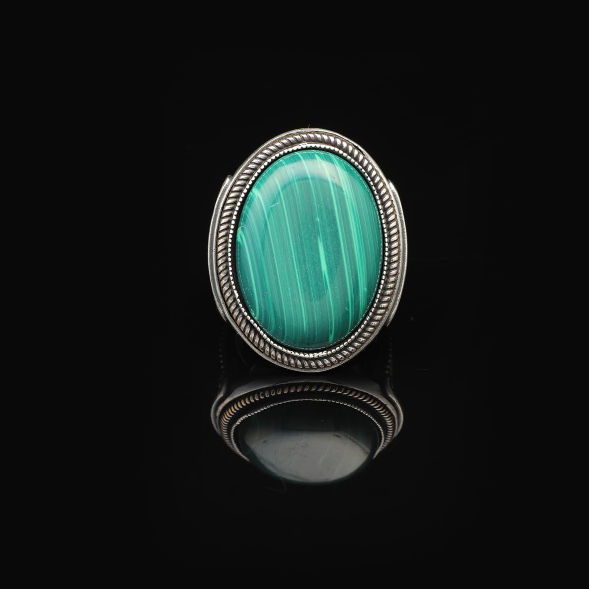 Vintage Malachite Oval Stone Ring for Men - Large 925 Sterling Silver Turkish Handmade Polished Engagement Ring with Silver Polishing Cloth Gift