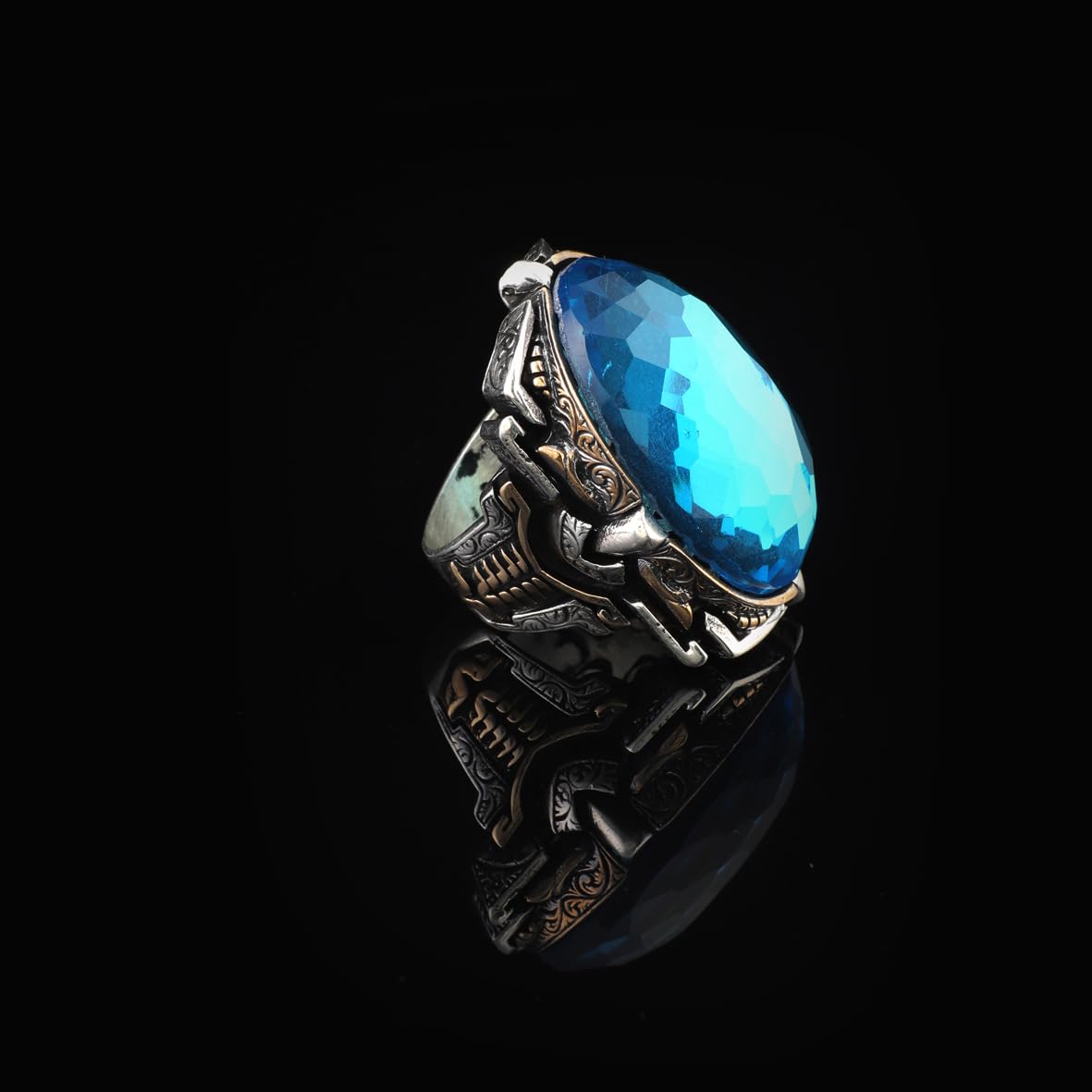 Handmade Vintage Aquamarine Ring - Chunky Silver Engagement Ring for Men with Custom Engraving - Ottoman Style Sterling Silver Ring & Gift Silver Polishing Cloth