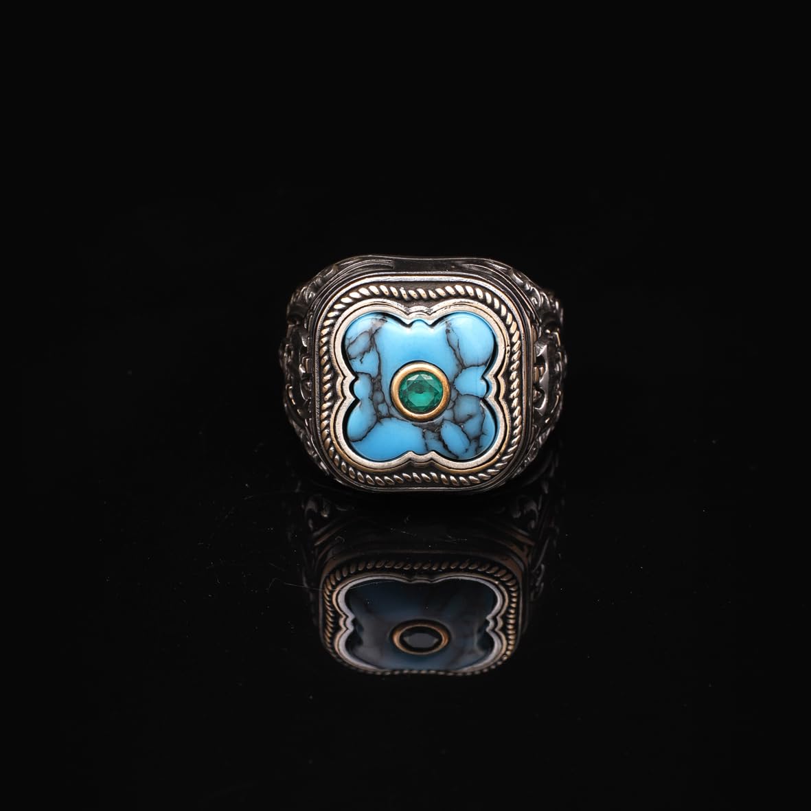 Genuine Turquoise Men's Ax Ring with Micro Emerald Stone - Vintage Handmade 925 Sterling Silver Ring for Men - Includes Silver Polishing Cloth Gift