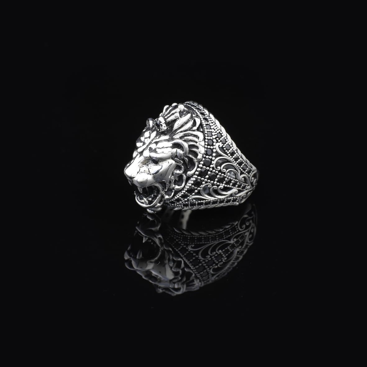 Handmade Lion Ring with Black Onyx Micro Stone - 925 Sterling Silver Men's Gemstone Jewelry