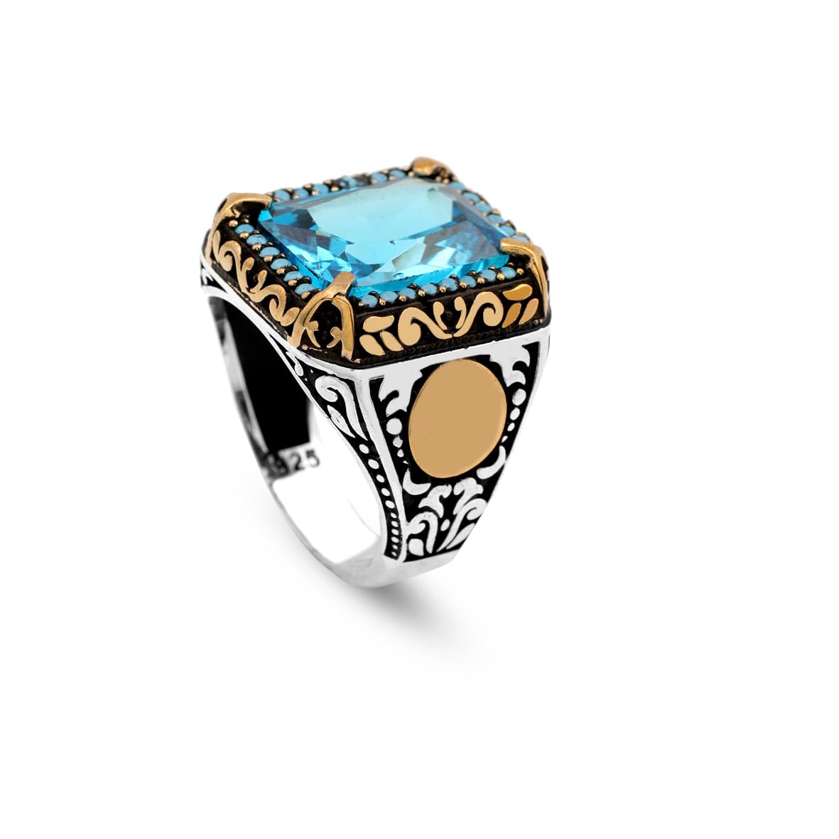 Mens Aquamarine Ottoman Ring – Handmade Sterling Silver Vintage Gemstone Engagement Ring with Custom Engraving and Gift Silver Polishing Cloth