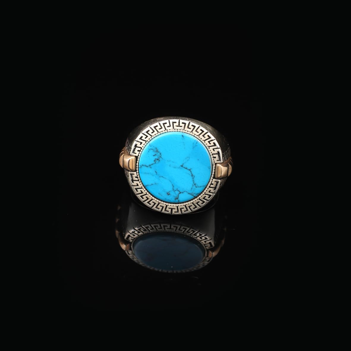 Handmade Turquoise Gemstone Round Stone Engagement Ring for Men Vintage 925 Sterling Silver