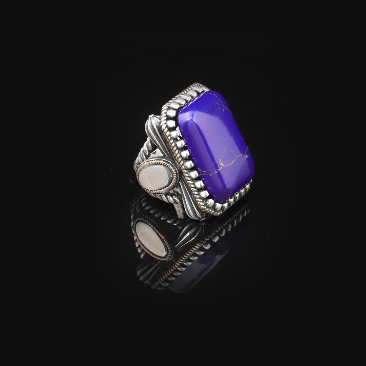 Lapis Lazuli Ring for Men - Handmade Ottoman Style Gemstone Ring with 925 Sterling Silver and Silver Polishing Cloth Gift