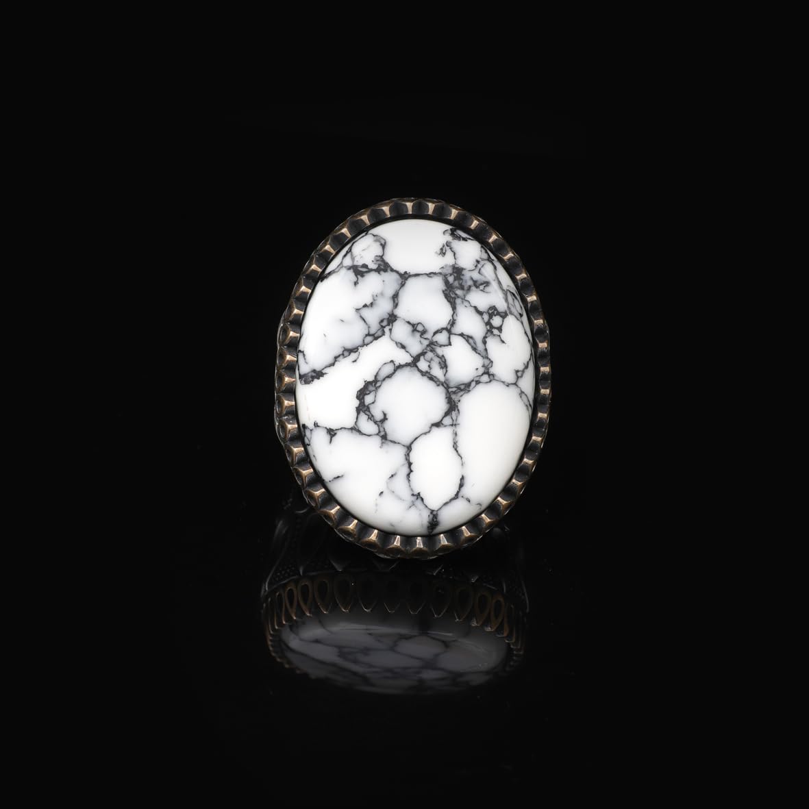 Men's White Turquoise Oval Gemstone Ring - Handmade Ottoman Style Large Sterling Silver Ring with Silver Polishing Cloth Gift