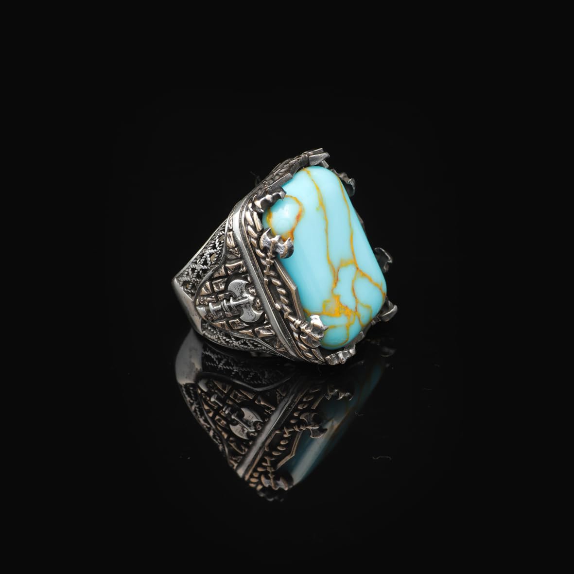 Vintage Large Turquoise Ax Ring for Men - 925 Sterling Silver Turkish Handmade Polished Engagement Ring with Silver Polishing Cloth Gift