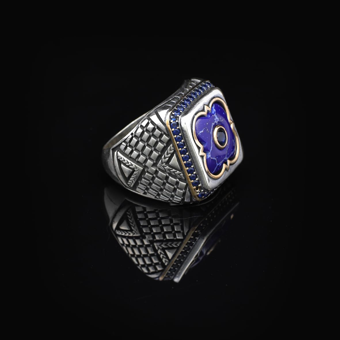Lapis Lazuli and Onyx Men's Ring with Micro Stone Accents - Vintage Handmade 925 Sterling Silver Jewelry