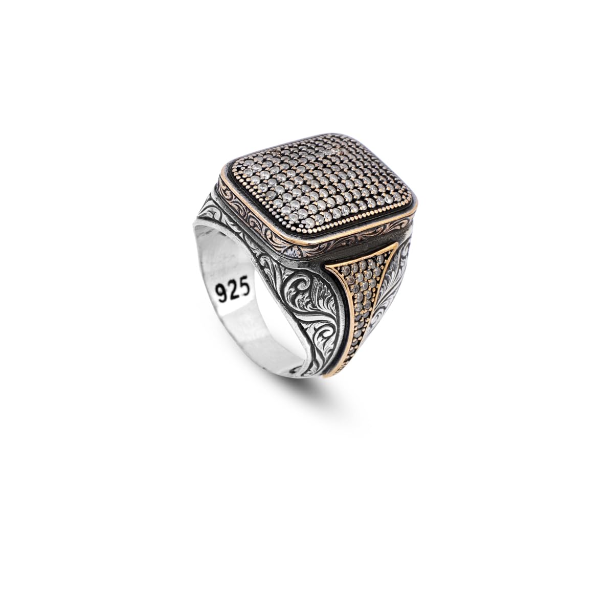 Vintage White Sapphire Micro Stone Ring - 925 Sterling Silver Men's Polished Gemstone Statement Ring