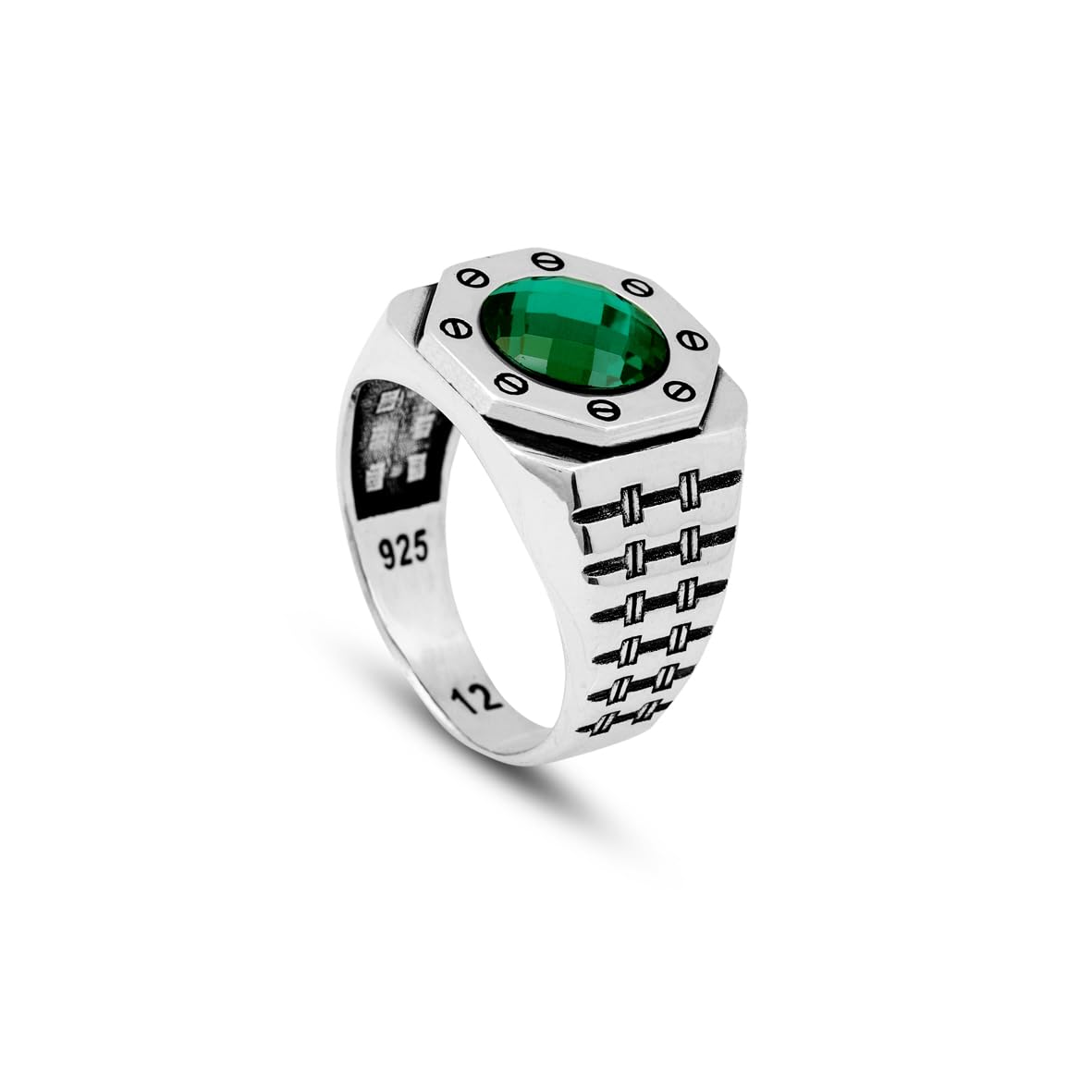 Handmade Emerald Gemstone Watch Band Engagement Ring for Men Vintage 925 Sterling Silver