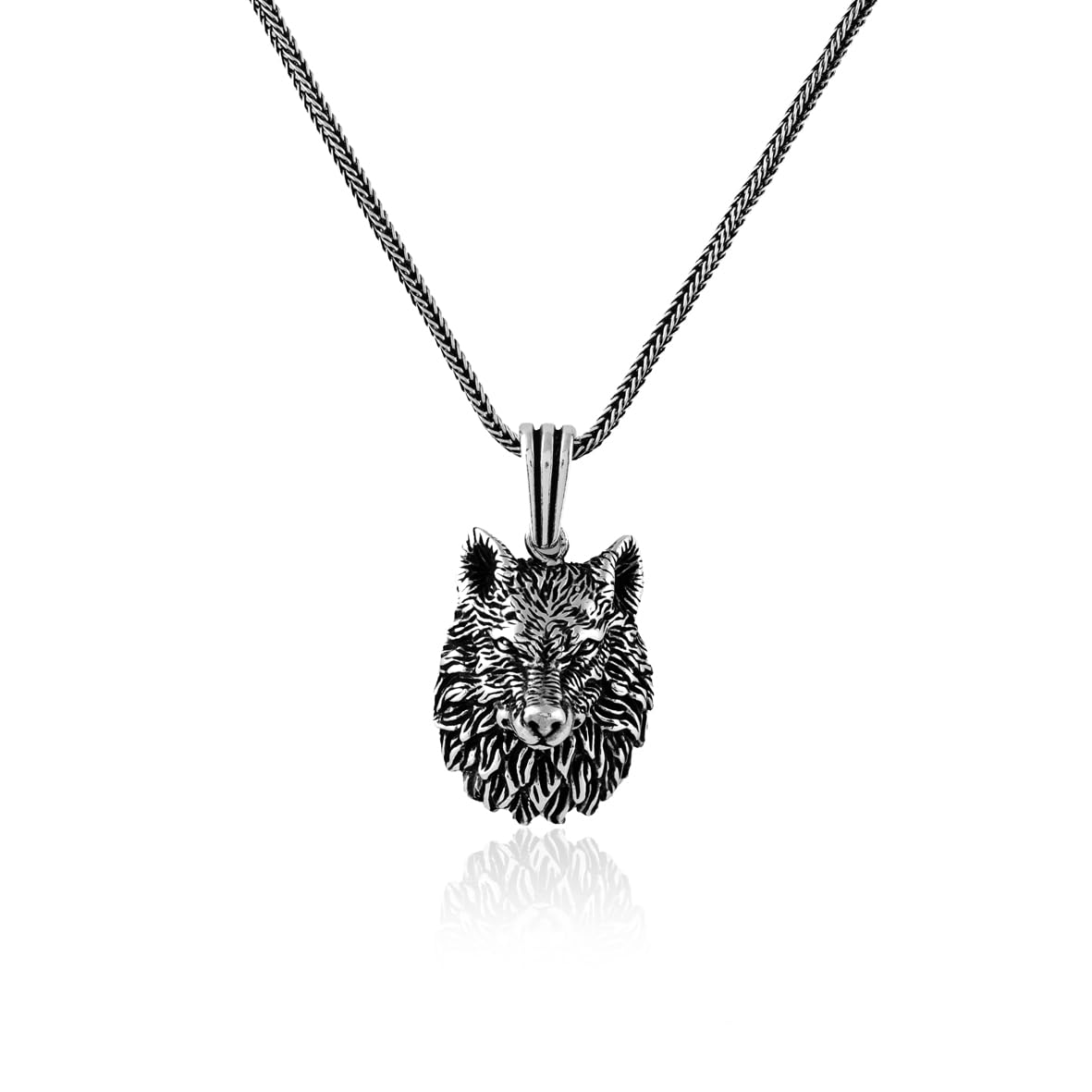 Wolf Pendant Necklace – Sterling Silver Gothic Animal Jewelry – Biker Mens Necklace with Silver Chain & Free Cleaning Cloth