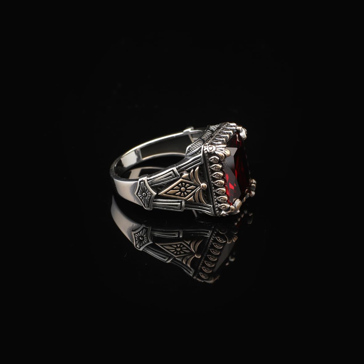 Handmade Garnet Pinky Ring - Vintage Ottoman Style Sterling Silver Ring for Men with Custom Engraving - Men's Gemstone Engagement Ring with Silver Polishing Cloth Gift