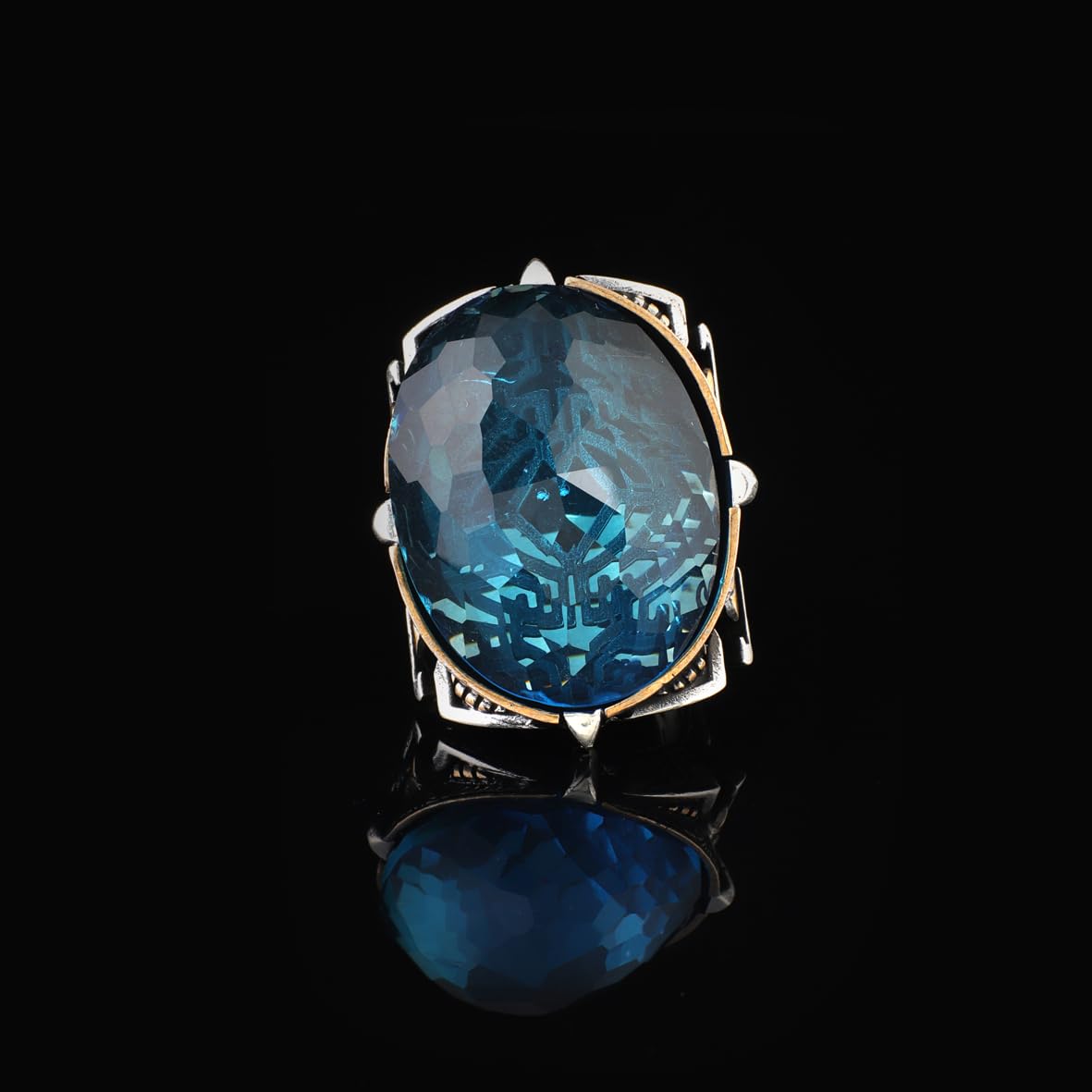 Handmade Vintage Aquamarine Ring - Chunky Silver Engagement Ring for Men with Custom Engraving - Ottoman Style Sterling Silver Ring & Gift Silver Polishing Cloth