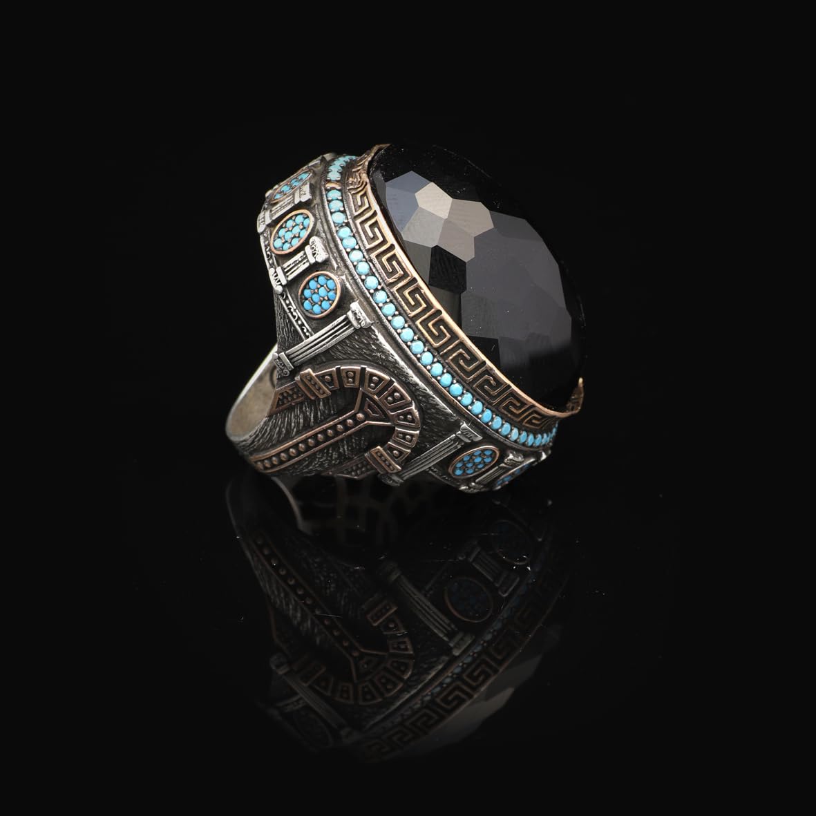 Black Onyx Ring with Micro Turquoise Stone – Large Oval Vintage Men’s Ring in Polished 925 Sterling Silver