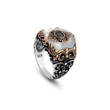 Vintage Ottoman Style Mother of Pearl and Onyx Silver Ring — image 1