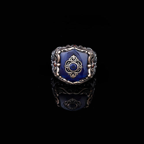 925 Sterling Silver Men's Ring - Handmade Ottoman Style Sapphire Gemstone Jewelry with Unique Design