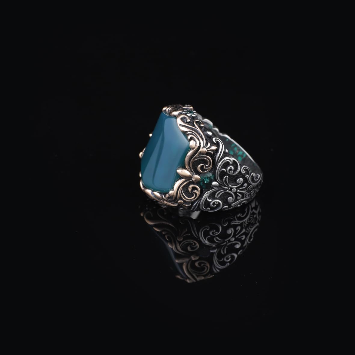 Handmade Jade Ring in Ottoman Style - 925 Sterling Silver Men's Gemstone Jewelry
