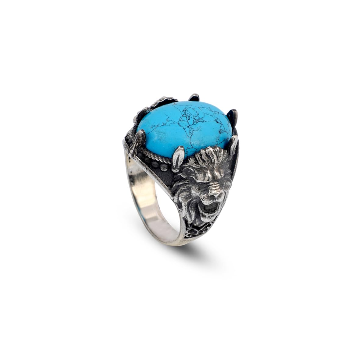 Men's Genuine Turquoise Lion Signet Ring - Vintage 925 Sterling Silver Oval Gemstone Statement Ring - Handmade Polished Engagement Ring with Custom Engraving