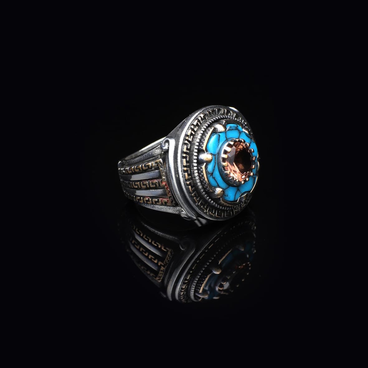 925 Sterling Silver Rotating Ring with Turquoise and Tiger Eye - Ottoman Inspired Men's Jewelry - Birthday Gifts