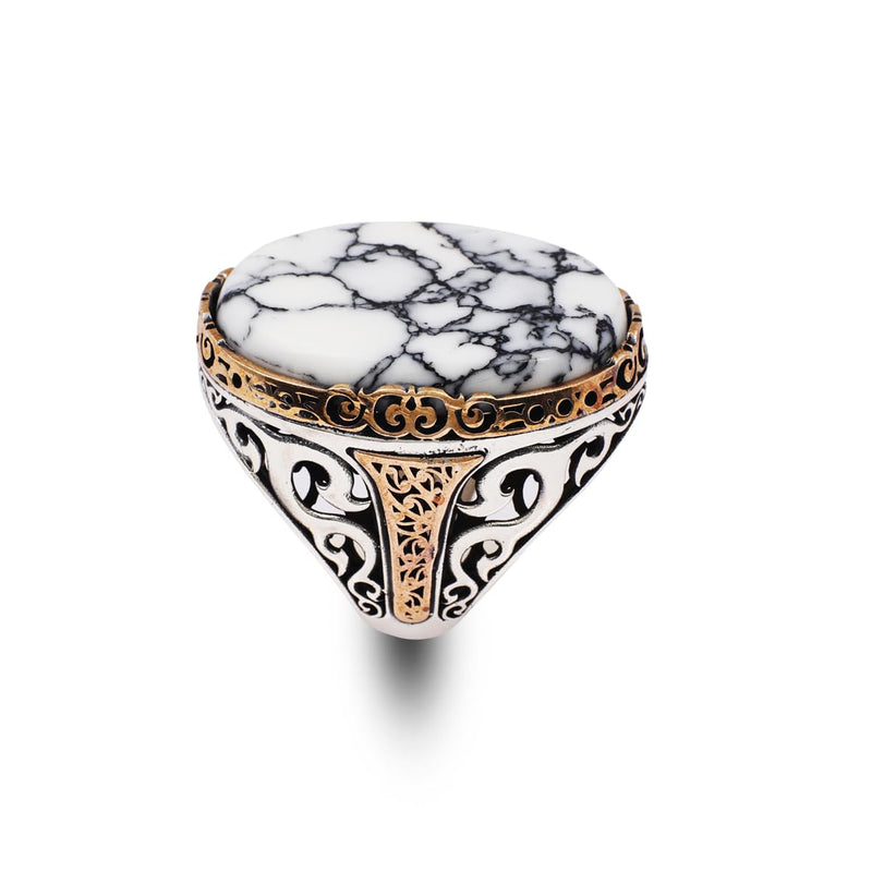White Turquoise Oval Gemstone Ring for Men - Handmade Ottoman Style 925 Sterling Silver Large Vintage Ring with Silver Polishing Cloth Gift