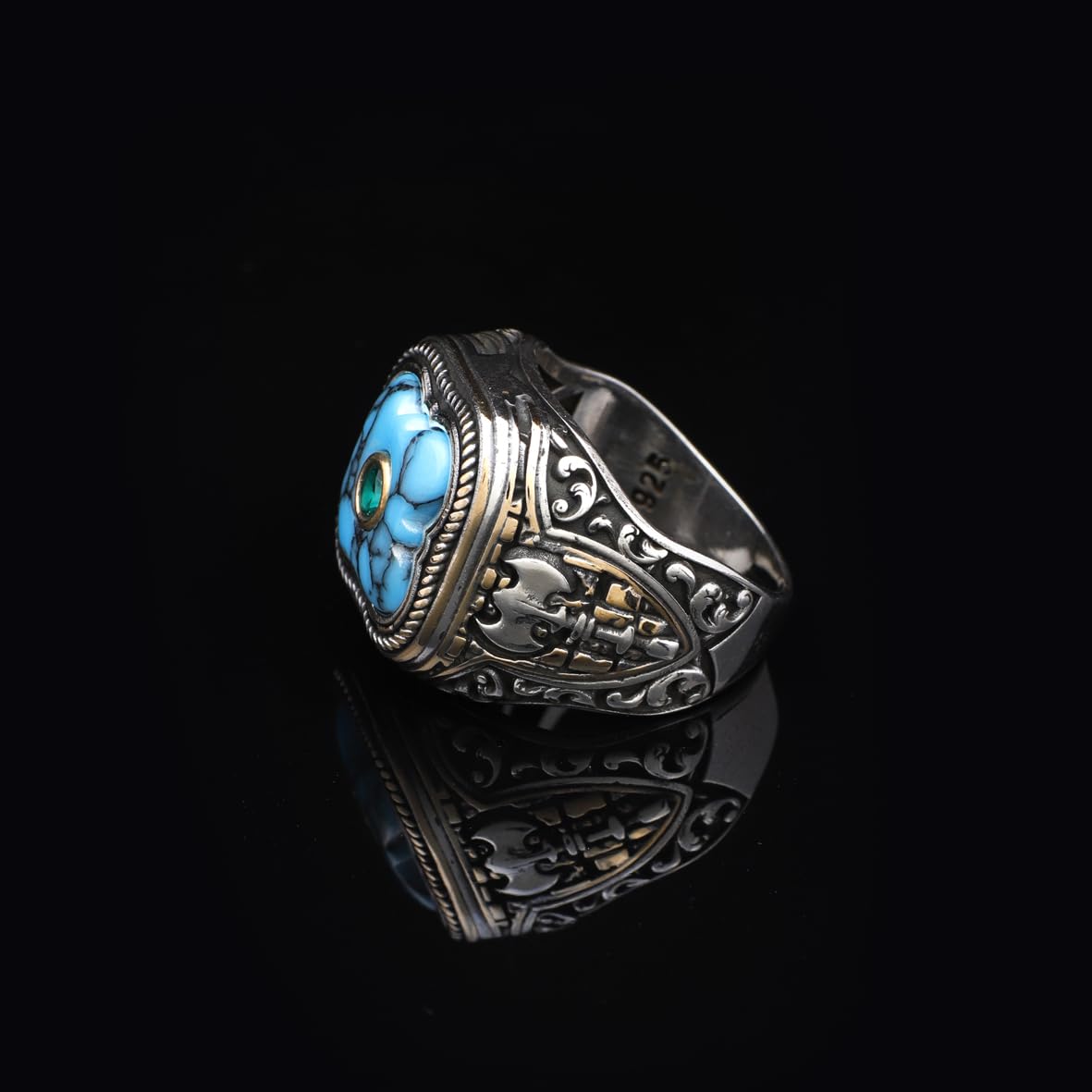 Genuine Turquoise Men's Ax Ring with Micro Emerald Stone - Vintage Handmade 925 Sterling Silver Ring for Men - Includes Silver Polishing Cloth Gift