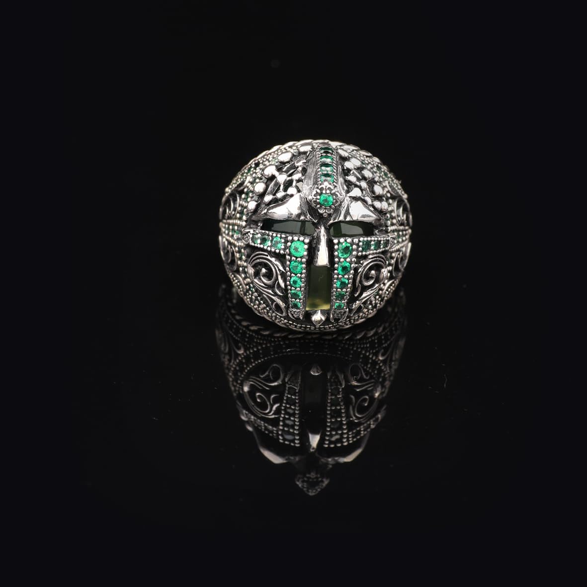 Vintage Helmet Ring for Men with Micro Jade Stone