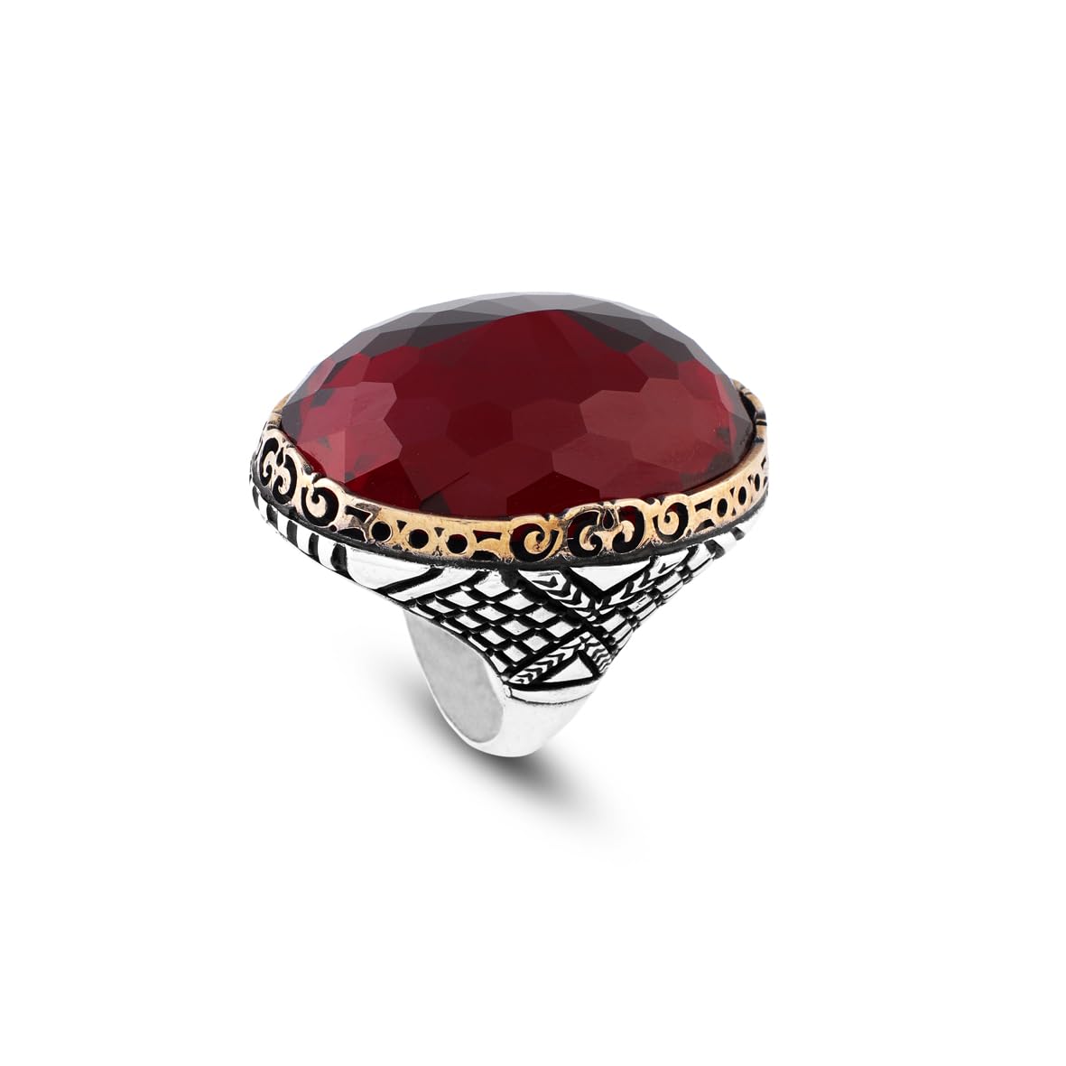 Chunky Herringbone Garnet Ring in Sterling Silver – Ottoman-Style Men's Vintage Gemstone Engagement Ring