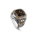 Handmade Vintage Ax Amber Ring with Micro Onyx Stone in 925 Sterling Silver for Men - Unique Gemstone Jewelry - Silver Polishing Cloth Gift — image 1