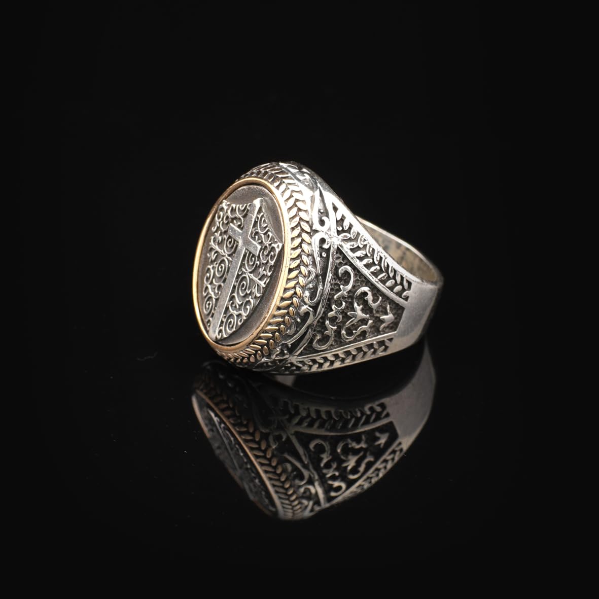 Vintage Shield Cross Signet Ring for Men - 925 Sterling Silver Christian Statement Ring - Polished Handmade Engagement Ring with Custom Engraving