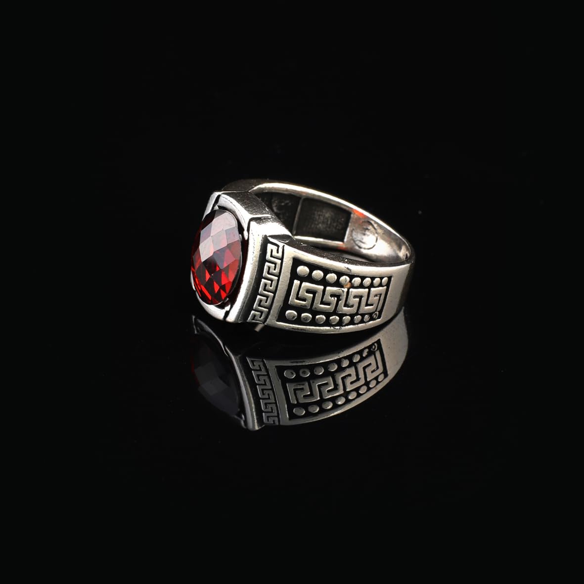 Men's Garnet Pinky Ring - Handmade Sterling Silver Signet Ring in Ottoman Style - Custom Engraved Vintage Engagement Ring Gift with Silver Polishing Cloth